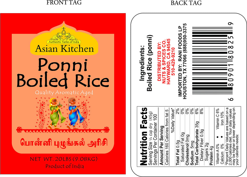 Asian Kitchen Ponni Boiled Rice 20-Pound Bag, 20lbs (9.08kg) Short Grain Par Boiled Rice ~ Natural | Gluten Friendly | Vegan