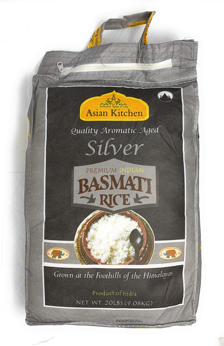 Asian Kitchen Silver White Basmati Rice Aged, 20 Pound (20lbs, 9.08kg) ~ All Natural | Gluten Friendly | Vegan | Indian Origin | Export Quality