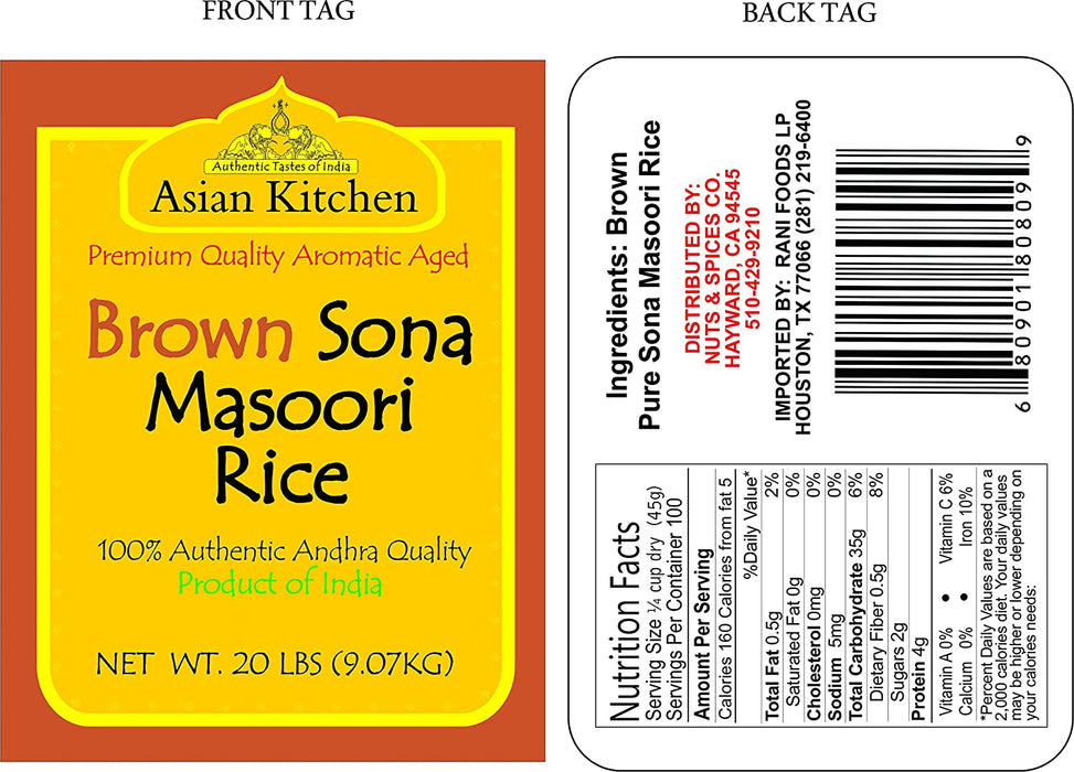 Asian Kitchen Brown Sona Masoori Aged Rice 20lbs (9.08kg) Short Grain Rice ~ All Natural | Gluten Friendly | Vegan | Indian Origin | Export Quality