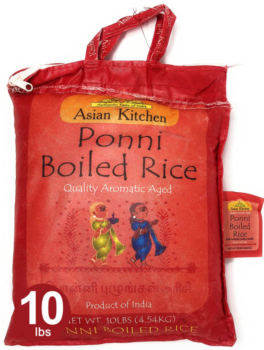 Asian Kitchen Ponni Boiled Rice 10-Pound Bag, 10lbs (4.54kg) Short Grain Par Boiled Rice ~ Natural | Gluten Friendly | Vegan
