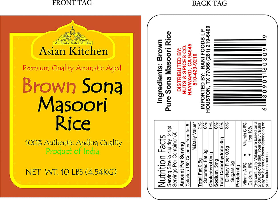 Asian Kitchen Brown Sona Masoori Aged Rice 10lbs (4.54kg) Short Grain Rice ~ All Natural | Gluten Friendly | Vegan | Indian Origin | Export Quality