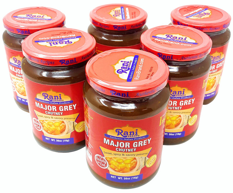 Rani Major Grey Mango Chutney (Indian Preserve) 36oz (2.2lbs) 1kg Value Pack, Glass Jar, Ready to eat, Vegan, Pack of 5+1 FREE ~ Gluten Free