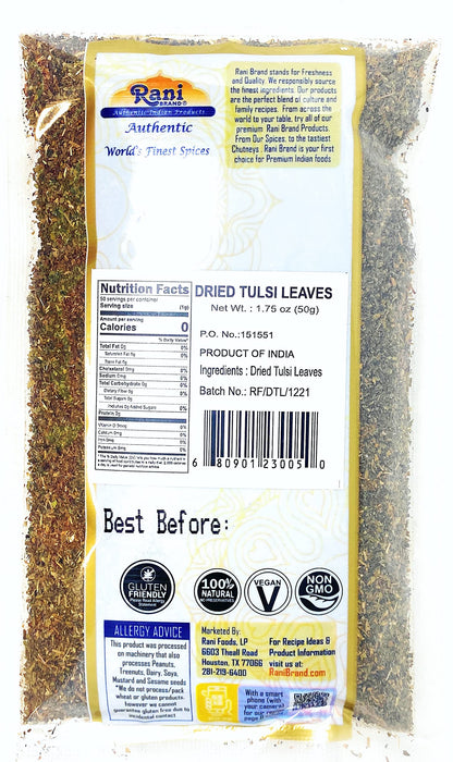 Rani Dried Tulsi (Indian Basil, Holy Basil) Leaves 1.75oz (50g) Used for Beverages & Ayurveda Herbal ~ All Natural | Vegan | Gluten Friendly