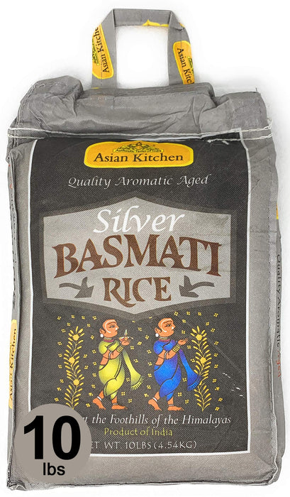 Asian Kitchen Silver White Basmati Rice Aged, 10 Pound (10lbs, 4.54kg) ~ All Natural | Gluten Friendly | Vegan | Indian Origin | Export Quality