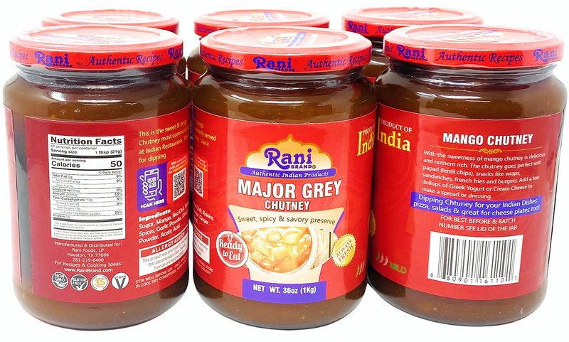 Rani Major Grey Mango Chutney (Indian Preserve) 36oz (2.2lbs) 1kg Value Pack, Glass Jar, Ready to eat, Vegan, Pack of 5+1 FREE ~ Gluten Free