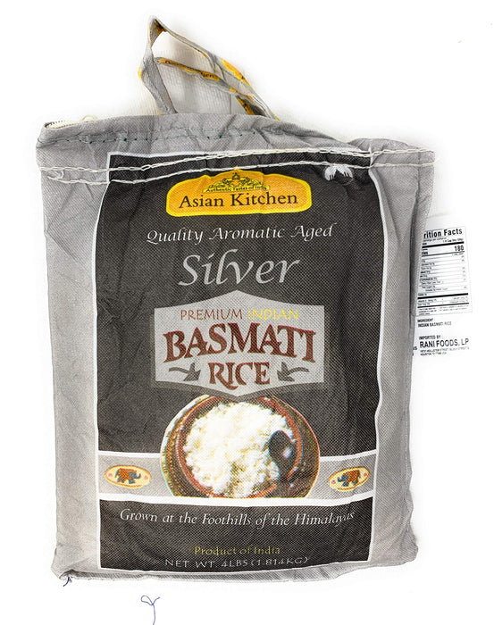 Asian Kitchen Silver White Basmati Rice Aged, 4 Pound (4lbs, 1.81kg) ~ All Natural | Gluten Friendly | Vegan | Indian Origin | Export Quality