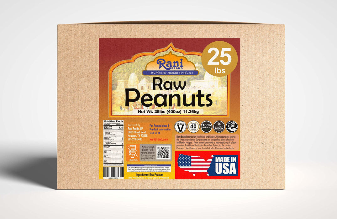 Rani Peanuts, Raw Whole With Skin (uncooked, unsalted) 25lbs (400oz) 11.36kg Bulk Box ~ All Natural | Vegan | Gluten Friendly | Fresh Product of USA ~ Spanish Grade Groundnut / Red-skin