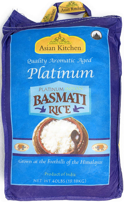Asian Kitchen Platinum White Basmati Rice Extra Long Aged 40lbs (18.18kg) ~ All Natural | Gluten Friendly | Vegan | Indian Origin | Export Quality