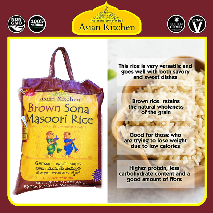 Asian Kitchen Brown Sona Masoori Aged Rice 4lbs (1.81kg) Short Grain Rice ~ All Natural | Gluten Friendly | Vegan | Indian Origin | Export Quality