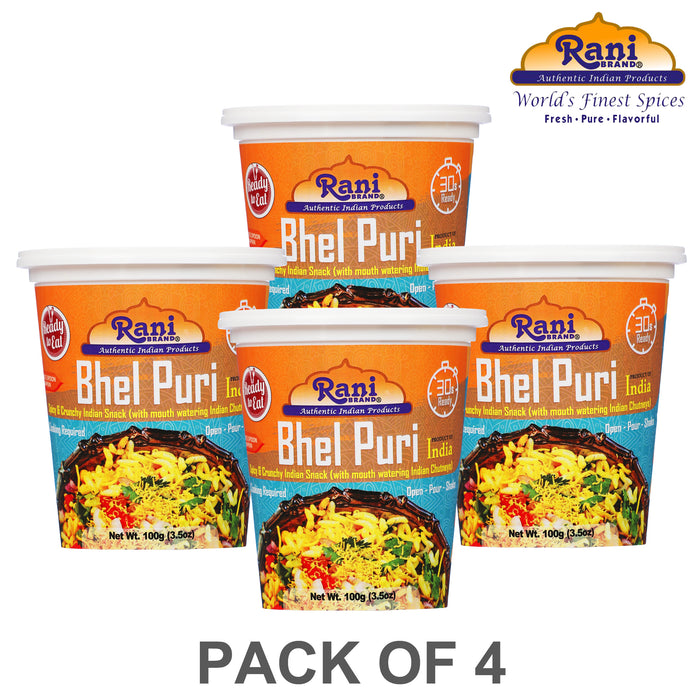 Rani Bhel Puri Cup (Spicy & Crunchy Indian Snack w/ mouth watering Indian Chutneys) 3.5oz (100g), Pack of 4 ~ Ready to Eat | Vegan | NON-GMO | Indian Origin