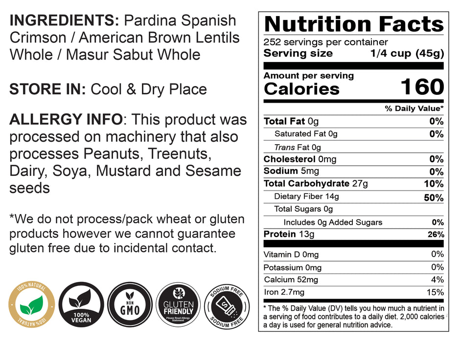 Rani Desi Masoor (Masur) Whole 400oz (25lbs) 11.36kg (aka. Pardina Spanish / American Brown Lentils Whole) Bulk Box ~ All Natural | Vegan | Gluten Friendly | Product of USA