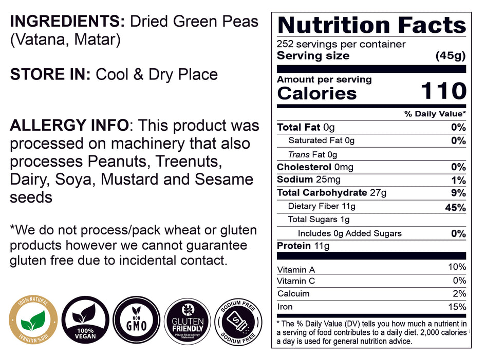 Rani Green Peas Split, Dried (Vatana, Matar) 400oz (25lbs) 11.36kg Bulk Box ~ All Natural | Vegan | Gluten Friendly | Product of USA