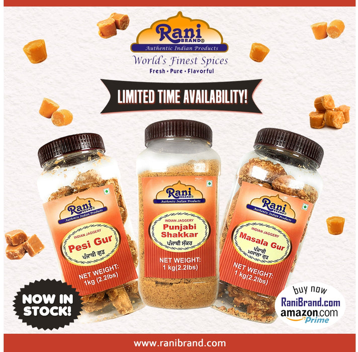Rani Pesi Gur (Jaggery) Indian Unrefined Raw Cane Sugar 35oz (2.2lbs) 1kg PET Jar ~ Gluten Friendly | Vegan | NON-GMO | No Salt or fillers | Indian Product