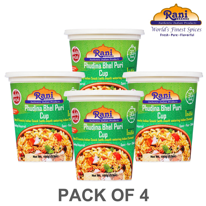 Rani Pudina Bhel Puri Cup (Spicy & Crunchy Indian Snack w/ mouth watering Indian Chutneys) 3.5oz (100g), Pack of 4 ~ Ready to Eat | Vegan | NON-GMO | Indian Origin