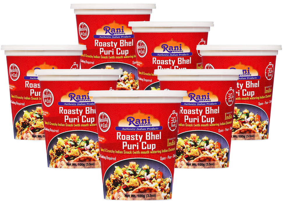 Rani Roasty Bhel Puri Cup (Spicy & Crunchy Indian Snack w/ mouth watering Indian Chutneys) 3.5oz (100g), Pack of 6+1 FREE ~ Ready to Eat | Vegan | NON-GMO | Indian Origin