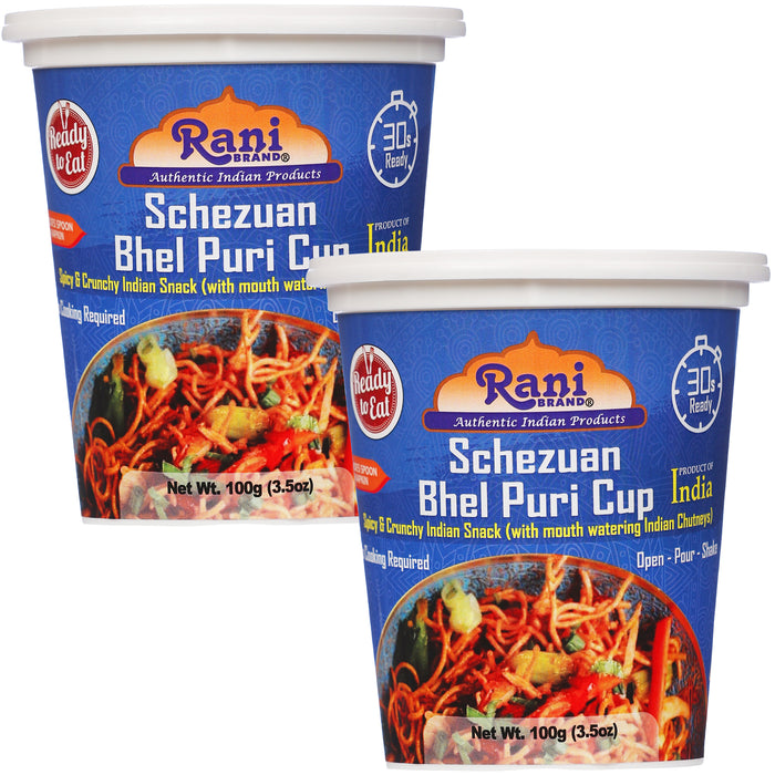 Rani Schezuan Bhel Puri Cup (Spicy & Crunchy Indian Snack w/ mouth watering Indian Chutneys) 3.5oz (100g), Pack of 2 ~ Ready to Eat | Vegan | NON-GMO | Indian Origin