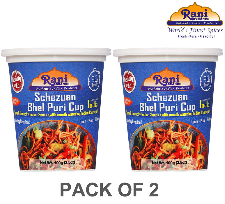 Rani Schezuan Bhel Puri Cup (Spicy & Crunchy Indian Snack w/ mouth watering Indian Chutneys) 3.5oz (100g), Pack of 2 ~ Ready to Eat | Vegan | NON-GMO | Indian Origin